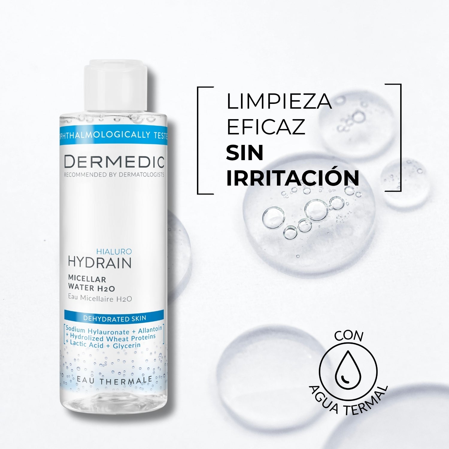 Botella de Agua Micelar H2O Dermedic. Texturas de agua, limpieza eficaz sin irritación con agua termal para pieles deshidr...