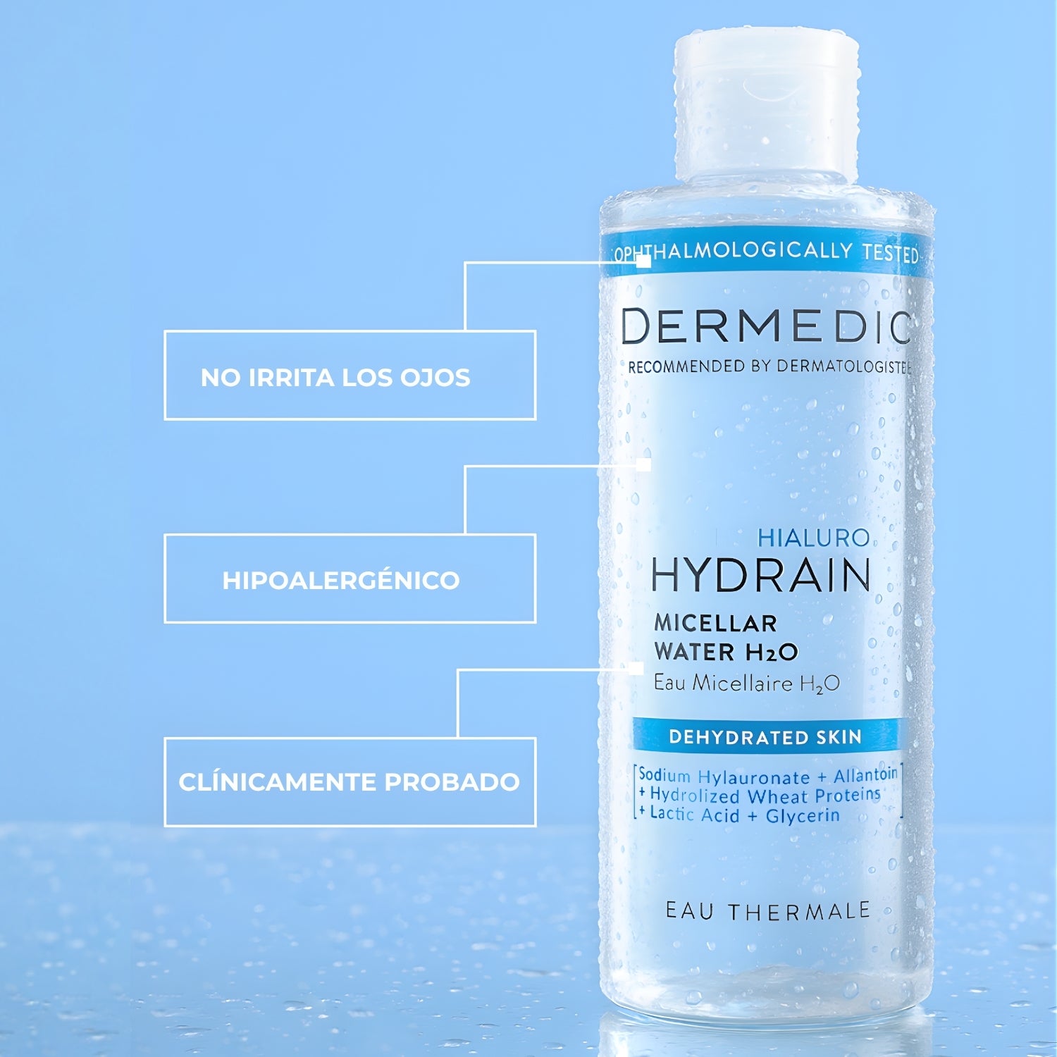 Botella de Agua Micelar H2O Dermedic. Envase transparente con texto informativo en azul. Piel deshidratada, hipoalergénico...